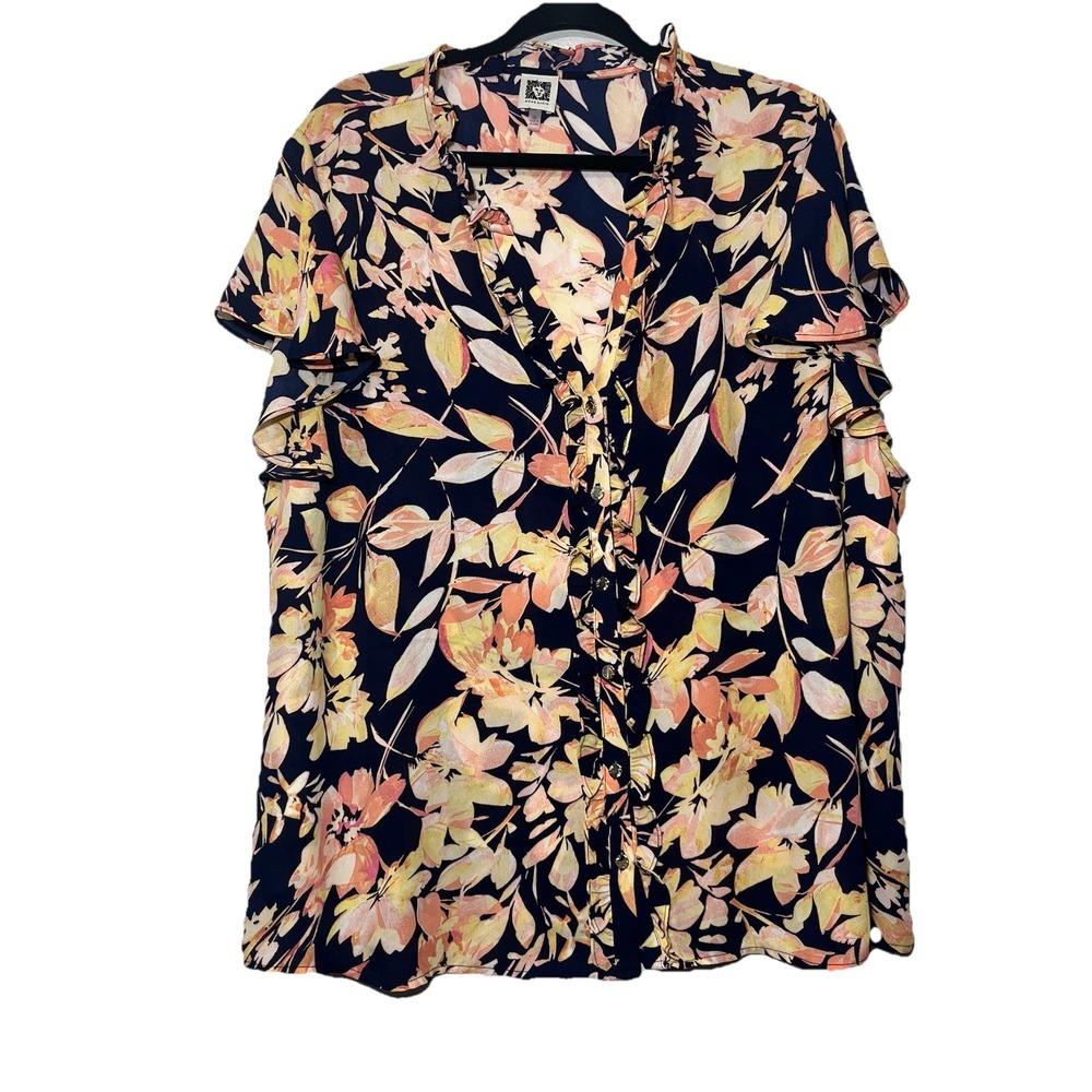 Anne Klein Blouse Womens Navy Floral Ruffle Button Front Flutter Sleeve Size 3X